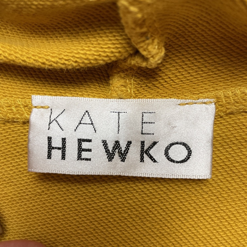 Kate Hewko Womens Asymmetric Tunic Hoodie Size L Mustard Drop Shoulder Artsy - Picture 3 of 7